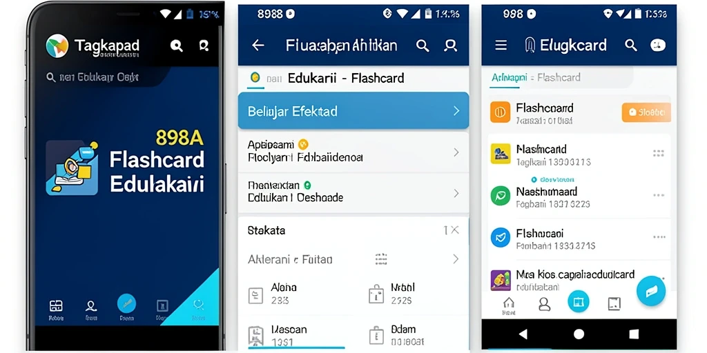Tampilan antarmuka aplikasi Flashcard 898A dengan berbagai fitur belajar.