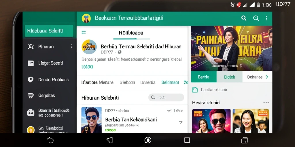 Antarmuka aplikasi IDR77 menampilkan berita selebriti yang menarik.